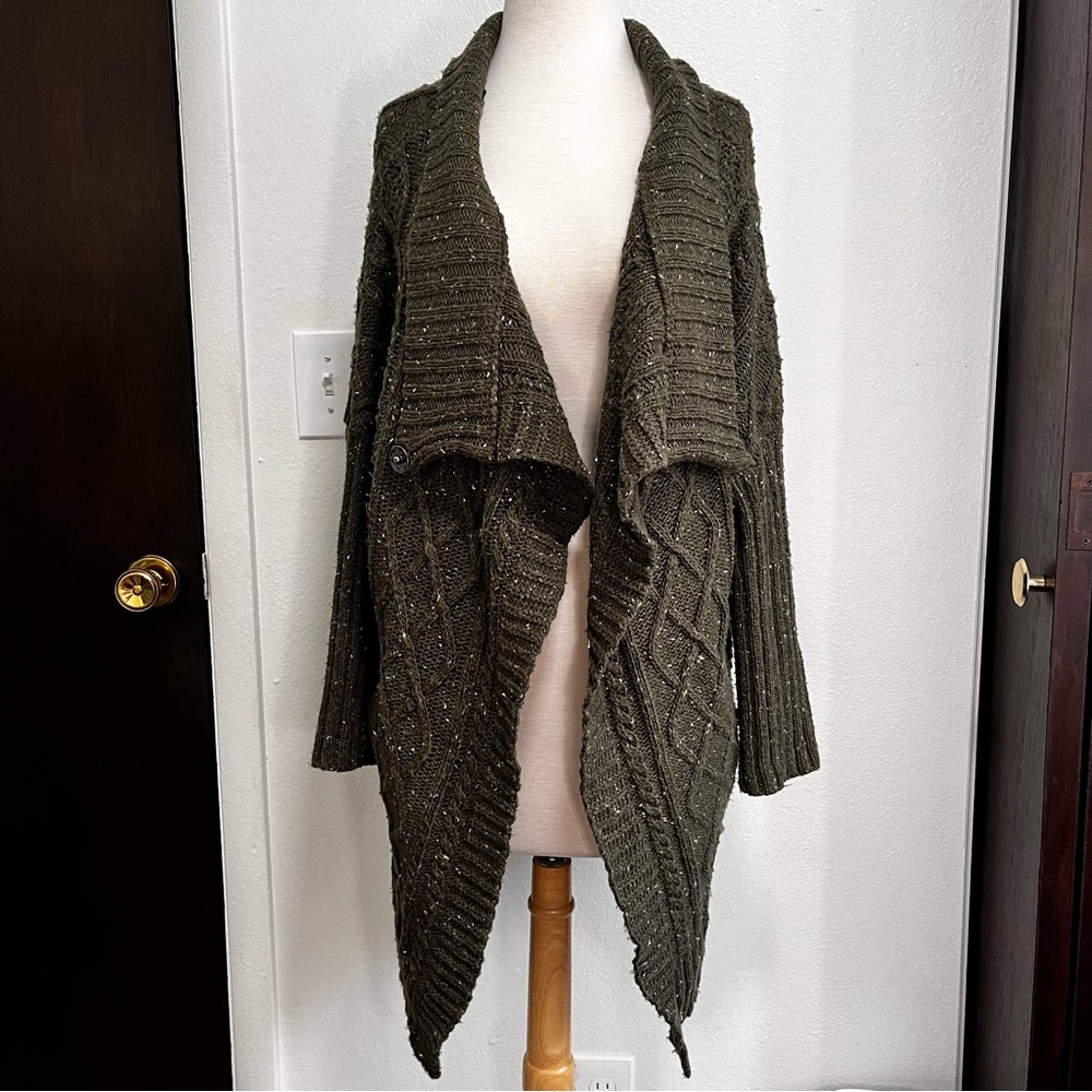 Prana Sweater Small Chunky Turtleneck Cable Knit Olive Green Cardigan Lagenlook - Picture 5 of 7